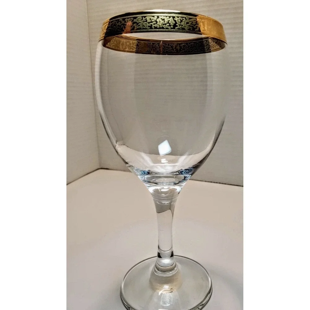 Clear Glass Stemmed Wine Glass, Gold Band Rim, Decorated Round Drinking Glass